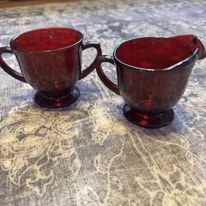 Anchor Hocking Royal Ruby pattern Depression Glass Footed Creamer & Sugar